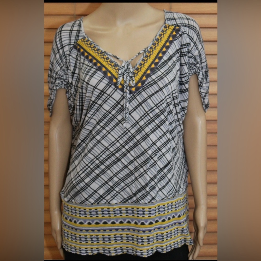 Free People Black and Yellow Patterned Blouse